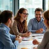Diverse team members sharing ideas around a table