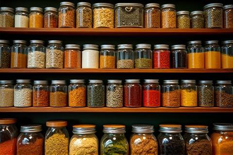 Shelves lined with glass jars containing colorful natural ingredients